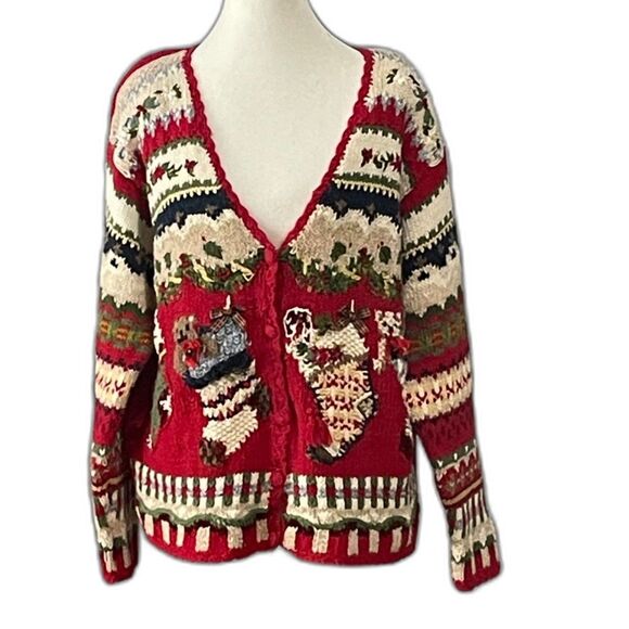 Vintage 1990s Heirloom Collectibles Christmas Cardigan Sweater L Red Knit - Picture 1 of 14